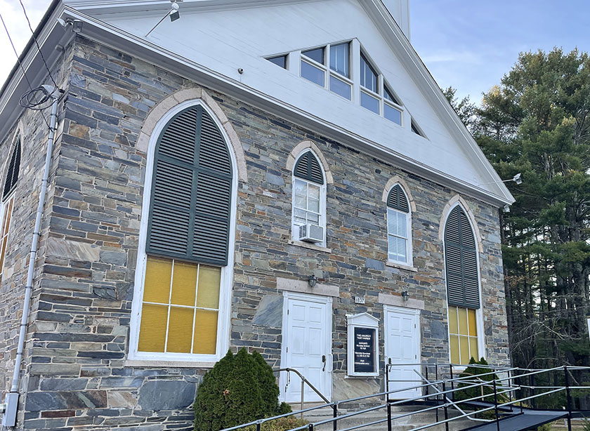 The historic stone meetinghouse of Bow Baptist Church, built in 1837 in Weathersfield Bow, Vermont