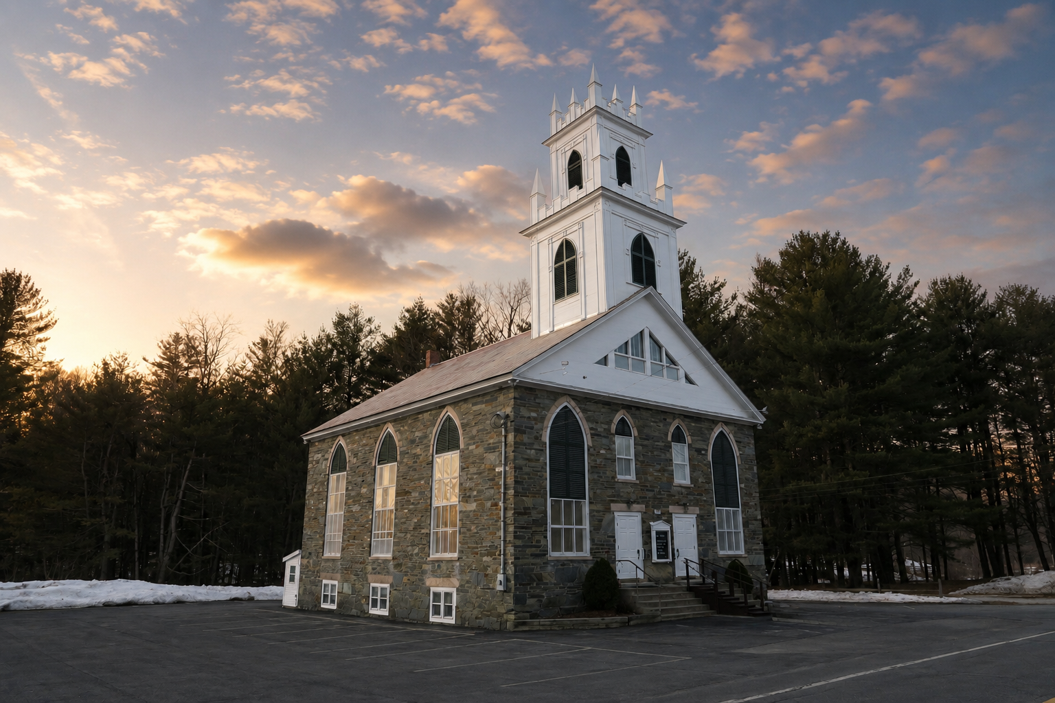 Bow Baptist Church — the historic 1837 stone meetinghouse and white steeple at sunset